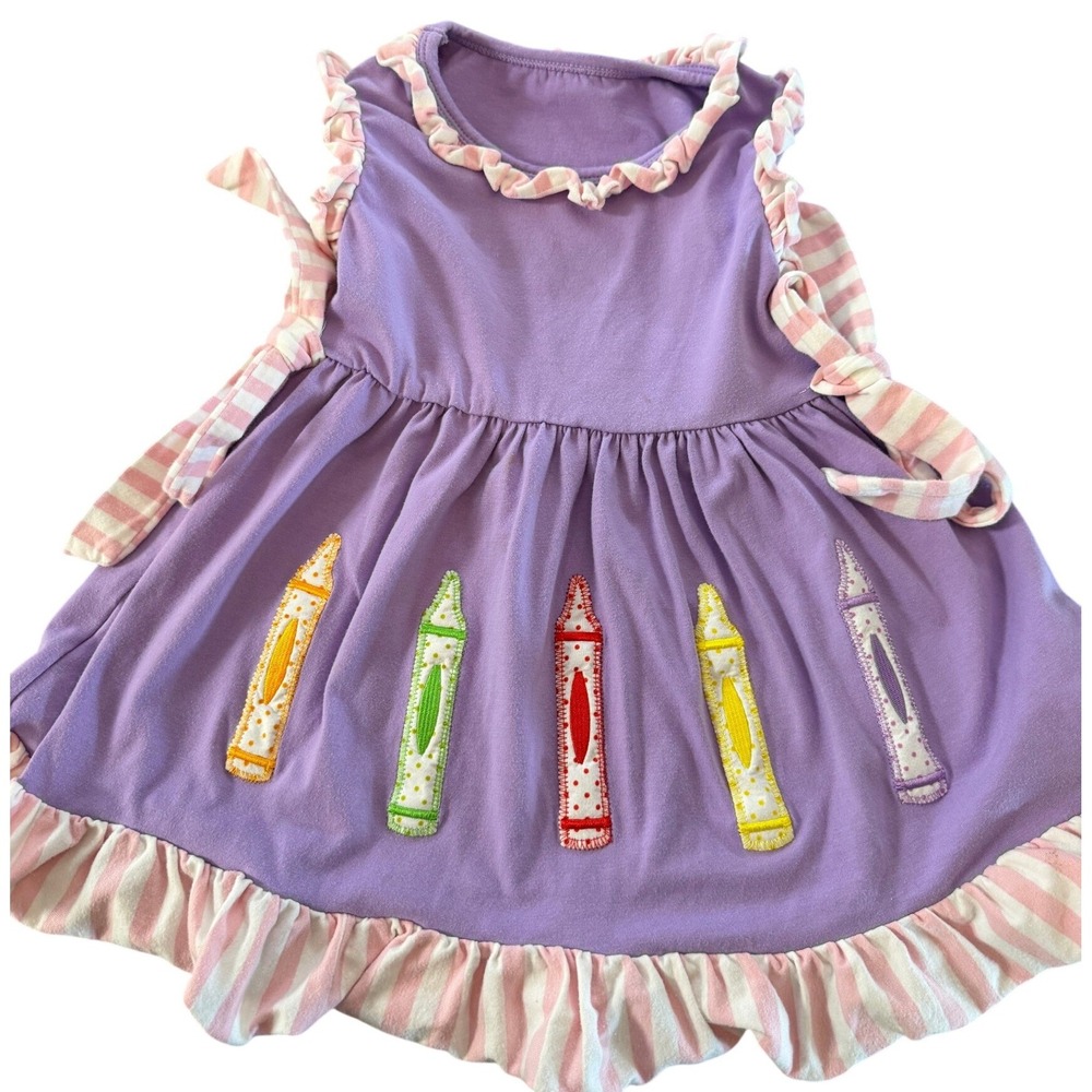 Little Girls Boutique‎ Crayon Applique Dress Size 2T Purple Ruffle School Style